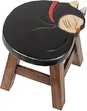 Tuxedo Cat Design Hand Carved Acacia Hardwood Decorative Short Stool