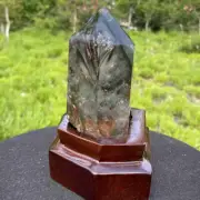 0.68kg Natural Ghost Quartz Obelisk Reiki Crystal Wand Point Tower Decor + Stand