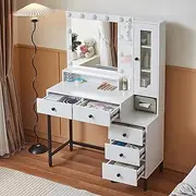 Vanity Desk with Lighted Mirror,Dressing Table with Drawers and 11 Lights, White Makeup Table with 5 Drawers, 3 Color Modes Available for Bedroom
