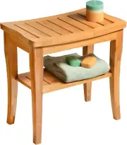 Bamboo Shower Bench - Small Shower Stool with Storage Shelf, Non-Slip Shower Sea