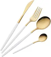 OUQIWEN 16 Piece White and Golden Cutlery Set,White Handle Knife Fork Spoon Set,White Gold Stainless Steel Cutlery ,4 Person Dinner Set (White Gold)