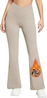 [baleaf] Women's Flare Leggings Yoga Pants Fleece Lined Pants Thermal Warm Winter Bootcut Crossover with Pockets, 29-khaki, XL