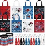 Dansydaisy 32 Pcs Spider Birthday Party Decorations Spider Party Favors Include 8 Spiderweb Non Woven Handle Bags 12 Spider Party Bracelet 12 Spider Party Keychains for Spider Party Favors