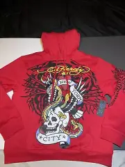 Size XL Men’s Ed Hardy Hoodie Pullover Skull Snake Tiger Red CA Y2K 2000’s