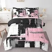 Pink Black White 7 Piece Bedding Set Abstract Morden Comforter Set Full Size Buffalo Check Bed Set Includes Comforter, Sheet Set, Pillowcases & Pillow Covers Bedroom Decor Soft Microfiber Geometric