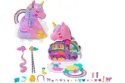 Polly Pocket 2-in-1 Travel Toy, Rainbow Unicorn Salon Styling Head with 2 Micro Dolls 20+ Accessories