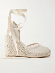 [Stuart Weitzman] Stuart Weitzman - Marguerita Grosgrain-trimmed Leather And Crocheted Wedge Espadrilles - Ivory - US8 US 8 Ivory