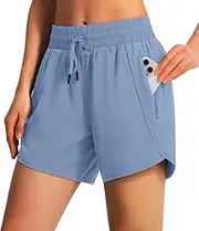 [Ksmien] Women's 5" Athletic Running Shorts Quick Dry Lightweight Workout Gym Shorts with Zipper Pockets UPF 50+