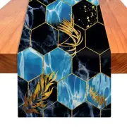 Marble Table Runner 72 Inches Long, Navy Blue Golden Marble Texture Table