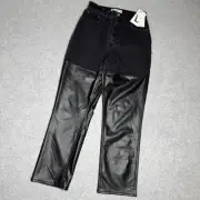 A&F Jeans 90s Straight Ultra High Rise 27 / 4S Black Mixed Fabric Pleather Biker