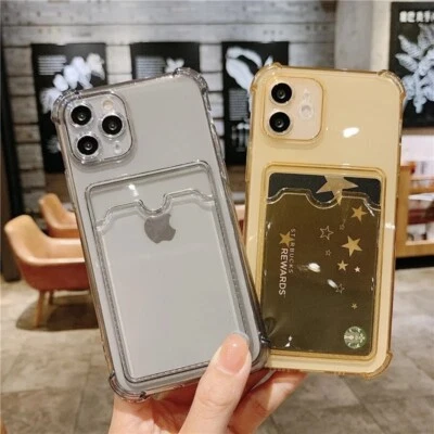 For iPhone 16 15 14 13 12 Pro Max Wallet Card Holder Silicone Clear Case Cover