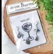 Vintage Set 4 Pewter Jim Clift Drink Charms Wine Glasses Bottle Card Hats Off