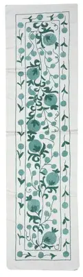 20x73 in Embroidered Cotton Wall Hanging. Green Table Runner. Modern Wall Decor