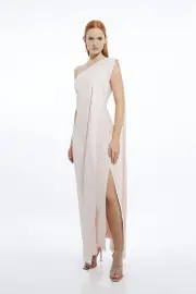 Petite Viscose Satin Back Crepe Tailored One Shoulder Cape Maxi Dress