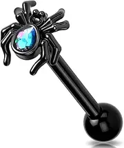 [Melighting] 14G Halloween Tongue Ring 316L Stainless Steel Bat Spider Tongue Bar Internally Threaded Black Tongue Piercing Jewelry Tongue Jewelry for Women