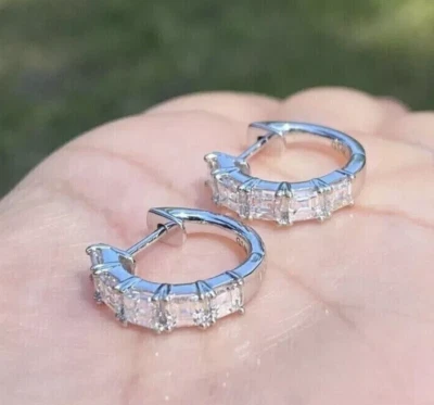 2.30Ct Asscher Cut Created Diamonds Hoop Huggie Earrings 14K White Gold Finish