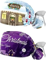 [WOSHJIUK] Working Hat 2 Pack Scrub Caps for Women,Santa Claus Moon Reindeer,Tie Back Cap Adjustable Scrub Hat