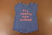 St Johns Bay Womens Medium Blue Striped Less Monday More Weekend Graphic Tee NWT