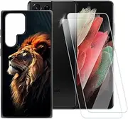 Lion Pattern Case Compatible with Samsung Galaxy S22 Ultra 5G + [2 Pack] Screen Protector Tempered Glass, Shockproof Case Cover for Samsung Galaxy S22 Ultra 5G (6.8 inch)