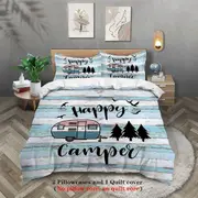 v1547 Bed Sheets pcs Happy Camper Pattern Printed Bedding Set, Suitable For Teenagers And Adult's Bedroom, Camping, *Duvet Cover+*Pillowcase 3-Piec...