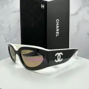 New CHANEL Black White Sunglasses Cat Eyes CC Logo Authentic Italy