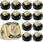 12 Pcs Baseball Rings Baseball Championship Trophy Rings Sport Ball Games Award Gift with Display Neck Chain and Stand for Tournament or League Champion Winner