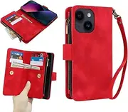 [GoshukunTech] for iPhone 13 Wallet Case with 9 Card Holders,for iPhone 14 Case Zipper Coin Pocket PU Leather Flip Cover Kickstand Protective Phone Purse with Wrist Strap-Red