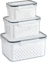 Lizbin 3 PCS Fruit Storage Containers for Fridge With Removable Colander, Leak Proof Airtight Food Storage Containers With Lids, Keep Meat Fresh