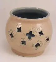 Studio Art Pottery Candle Holder Dish Butterfly Cutouts Signed Pink Blue