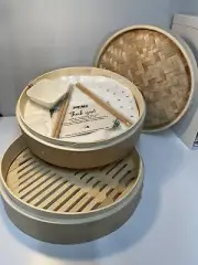 NEW 12" Bamboo Steamer, with Chopsticks, 50 Steamer Liners, and Ceramic Dish