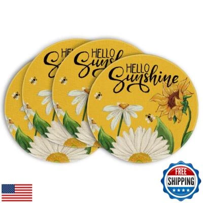 Artoid Mode Yellow Sunflower Bees Summer Round Placemats Set of 4, 14 Inch Ro