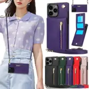 For iPhone 16e 16 15 14 13 12 Pro Max XS 8 Crossbody Zipper Wallet Case w/ Strap