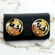 Vtg EPJ Cloisonne Earrings NOS Pierced Stud Black Enamel Gold Tone 1/2"