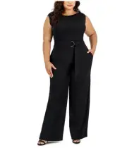Anne Klein Womens Belted Jumpsuit, Black, Plus Size, 3X
