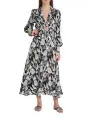 ELIE TAHARI BLACK AND WHITE HULA PRINT TIE FRONT MIDI DRESS SIZE 14-$495