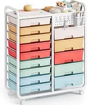 SYKIARIOL 14 Drawer Rolling Cart with Tabletop & DIY Pegboard, Storage Cart with Wheels, Classroom Organizers Utility Cart for Office Home School, Art Supplies, Mobile Craft Organizer, Rainbow