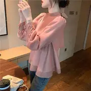 Puff-Sleeve Tie-Neck Chiffon Blouse Bean Pink - XL