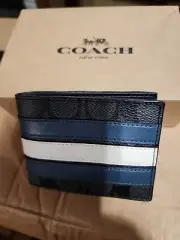 NEW! Coach Signature Mens Slim Billfold Wallet Varsity Blue Stripe FREE SHIP!