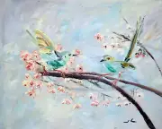 Original Painting Green Birds Oil on Canvas One of a Kind 16"x20" Julia Lu