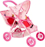 Peppa Pig Tandem Twin Stroller | Toy Dolls Double Buggy in Pink | Childrens Baby