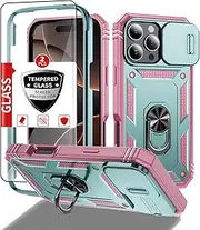IYTRRYH Compatible with iPhone 16 Pro Max Case with 2 Screen Protectors,Built-in Kickstand Ring,with Camera Cover Dustproof Shockproof Military Grade Drop Heavy Duty Protection Phone Bumper,Green Pink