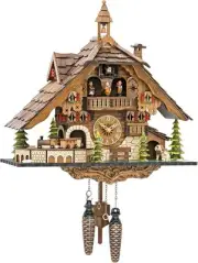 Quartz Cuckoo Clock Black Forest House with Moving Train, Normal, Walnut