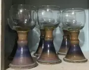 Pottery Studio Wine Glass Goblet Purple Swirl Stem Clear Glass Signed Handmade-