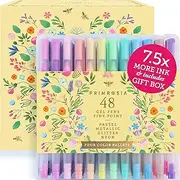 Primrosia 48 Glitter Gel Pens, inc. Metallic, Pastel & Flourescent for Adult Coloring Book & Bullet Journal Pens. No-Bleed-Through in a Variety of Shades, 7.5x More Ink Fine Point Markers Set