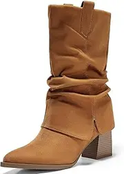 [Coutgo] Womens Fold Over Boots Wide Calf Pointed Toe Chunky Heel Booties Slip On Slouchy Winter Mid Calf Boot Shoes