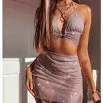 SEQUIN WRAP BUCKLE FRONT WRAP NECK TOP & MINI SKIRT SET