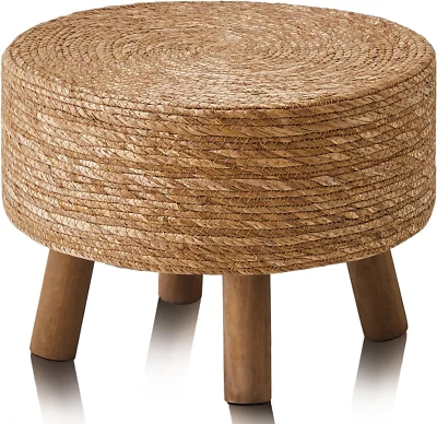 Pouf Ottoman, round Footstool with 4 Wood Leg, Handmade Bohomia Natural Outdoor