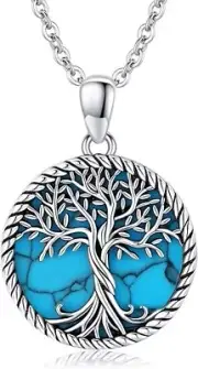 925 Sterling Silver Tree of Life Turquoise Pendant Necklace Jewelry Gift