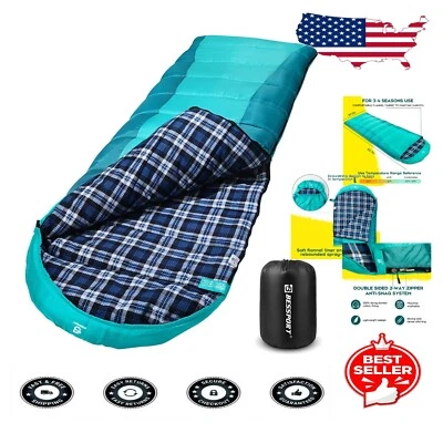 Winter Flannel Lined Sleeping Bag 18°F - 32°F - Large & Lightweight for Adults