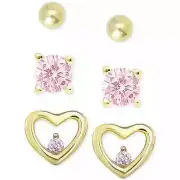 Children Earrings 18K Gold/Sterling Silver Pink Cubic Zirconia Stud Set